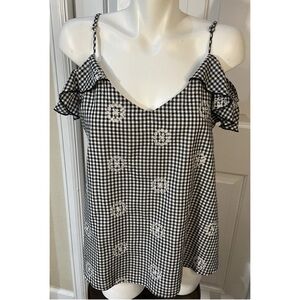 Gypsies & Moondust Women’s XL Black White Plaid Eyelet Embroidery Cold Shoulder